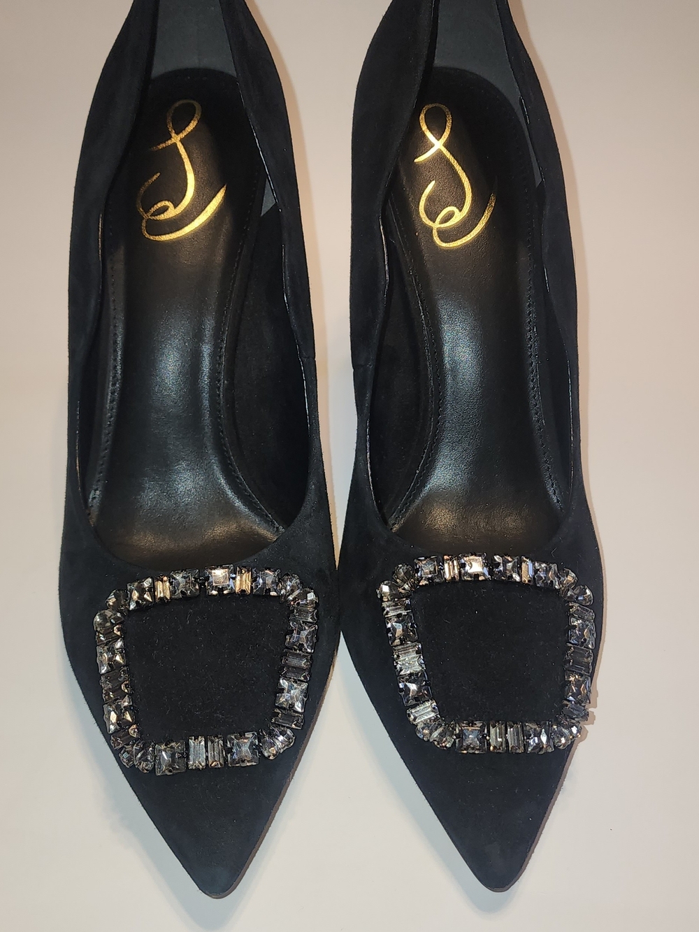 NWT Sam Edelman Harriett Black Suede Heels with Crystal Buckle Accent